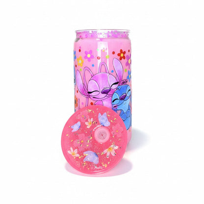 Pink can with cartoon characters and a matching pink lid on a white background