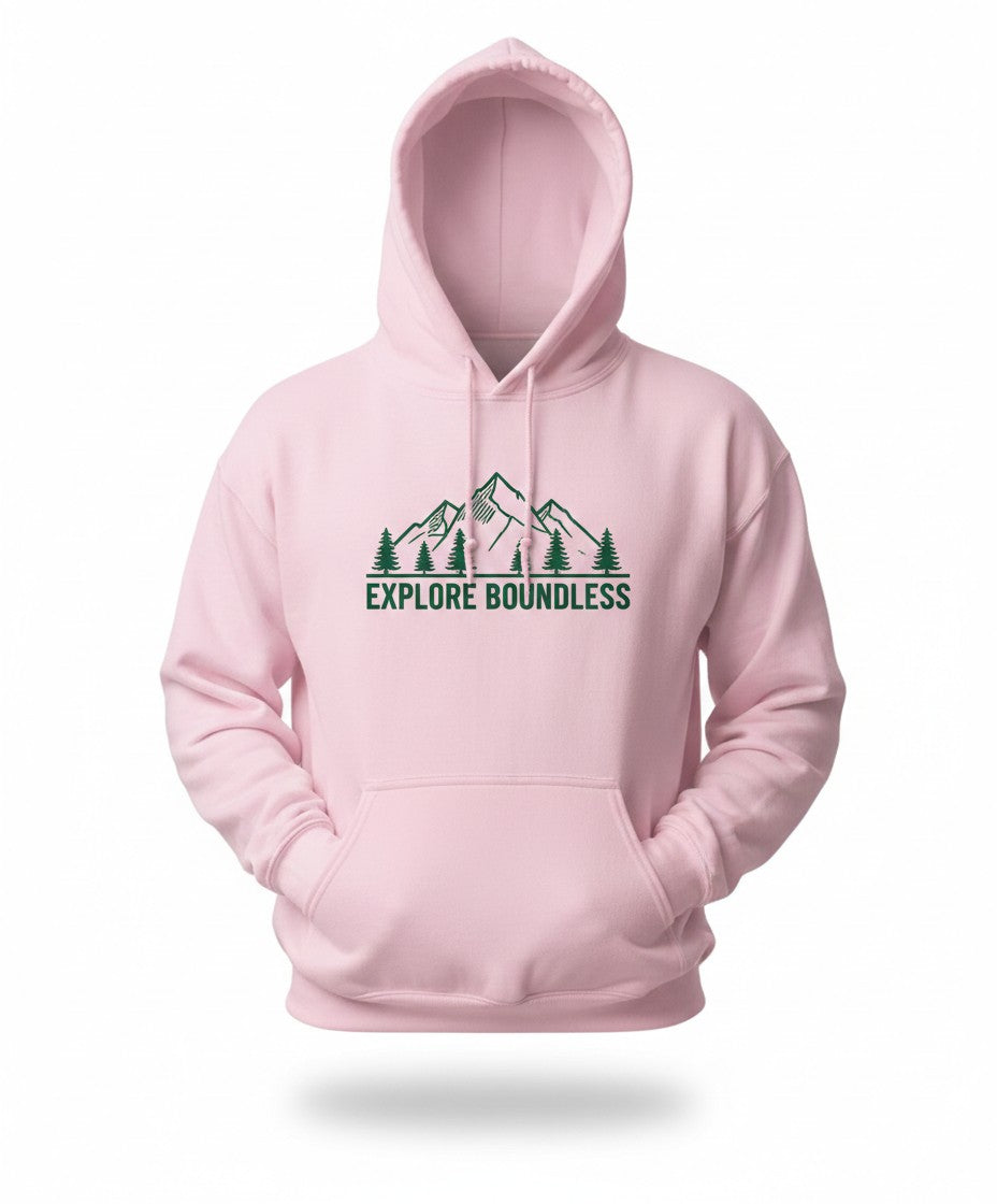 Pink hoodie with mountain and tree design and 'Explore Boundless' text on a white background