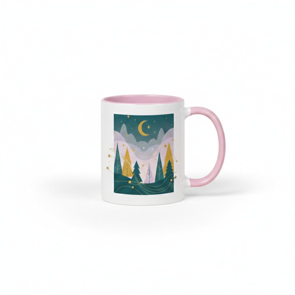 Mug with a mountain and tree design on a white background