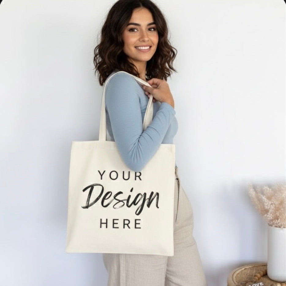 Woman holding a customizable tote bag with 'Your Design Here' text on a plain background