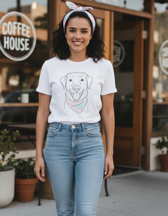 Woman wearing a white t-shirt with a dog graphic and blue jeans standing in front of a coffee shop.