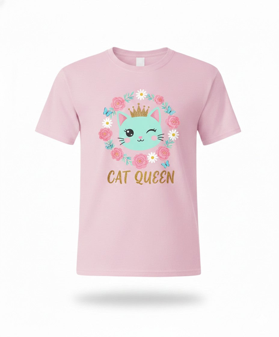 Pink t-shirt with a cat graphic and 'Cat Queen' text on a white background