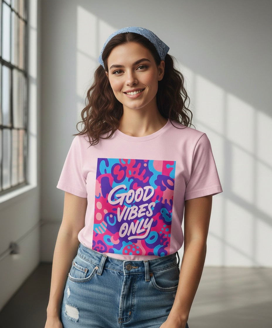 Woman wearing a pink t-shirt with 'Good Vibes Only' design in a bright room.