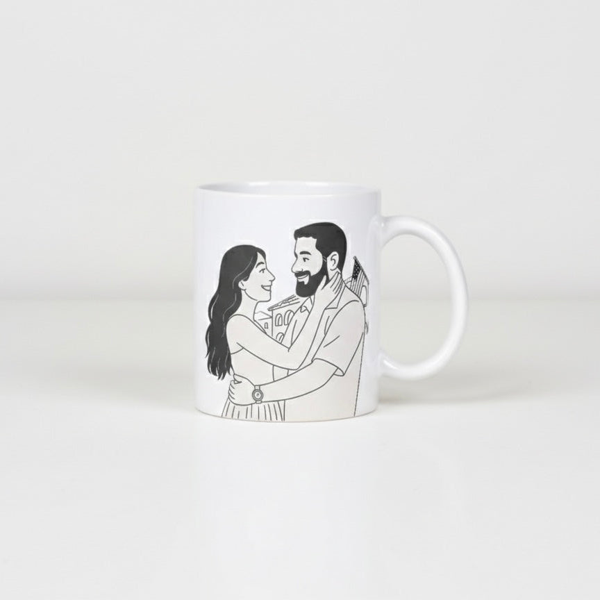 White mug with black line drawing of a couple on a white background