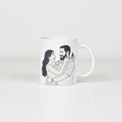 White mug with black line drawing of a couple on a white background